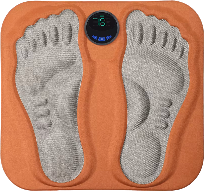 NeuroMat EMS Massage mat in orange with grey foot pads and a digital control dial