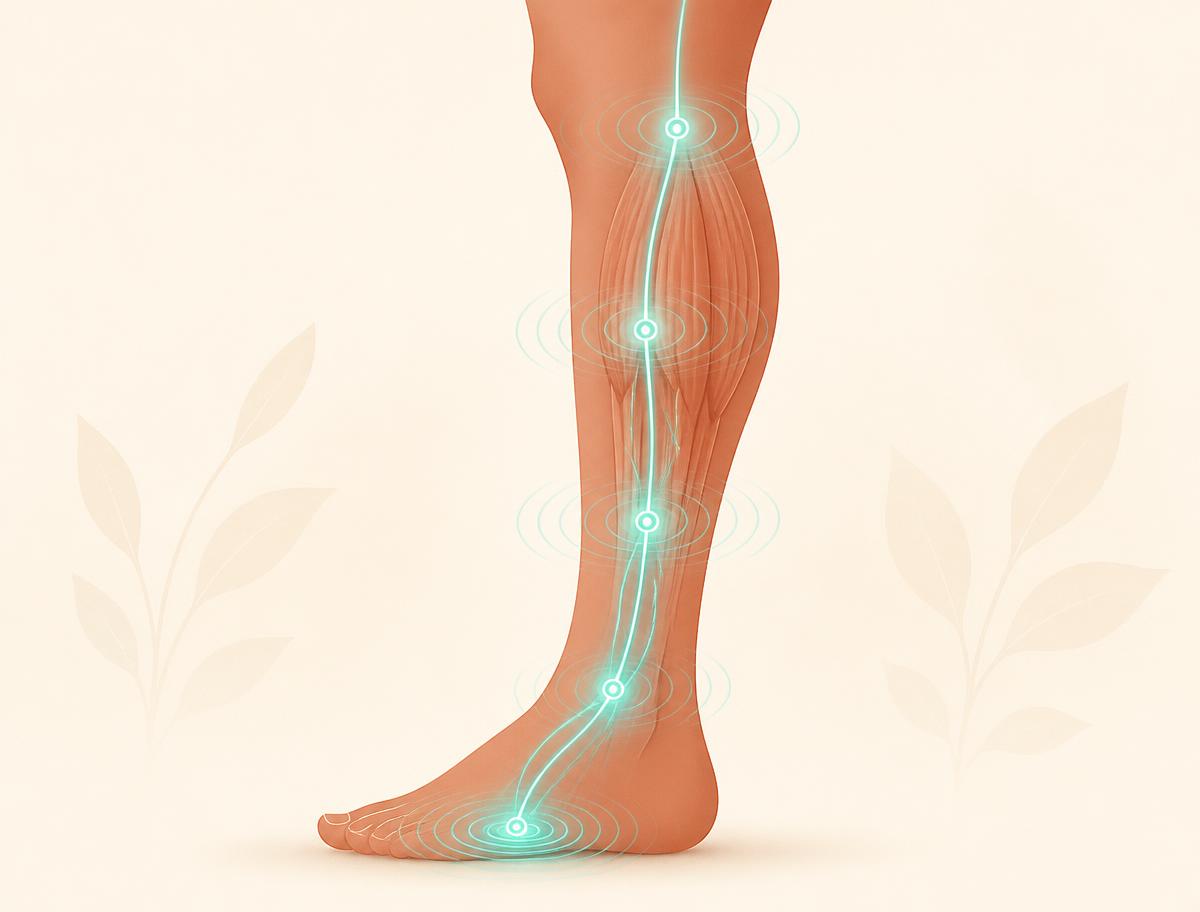 Illustration showing EMS pulses travelling from the sole of the foot up through the calf muscle