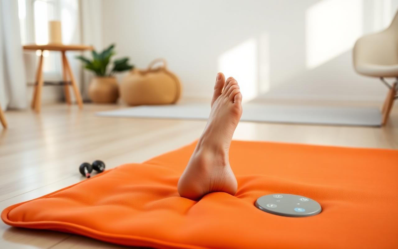 Bare feet resting on an orange EMS foot massage mat in a bright living room