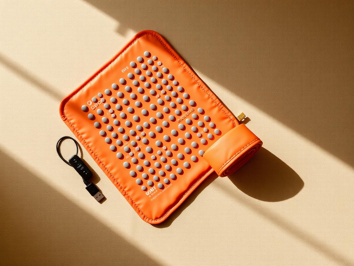 NeuroMat EMS mat rolled up beside its USB charging cable and remote control